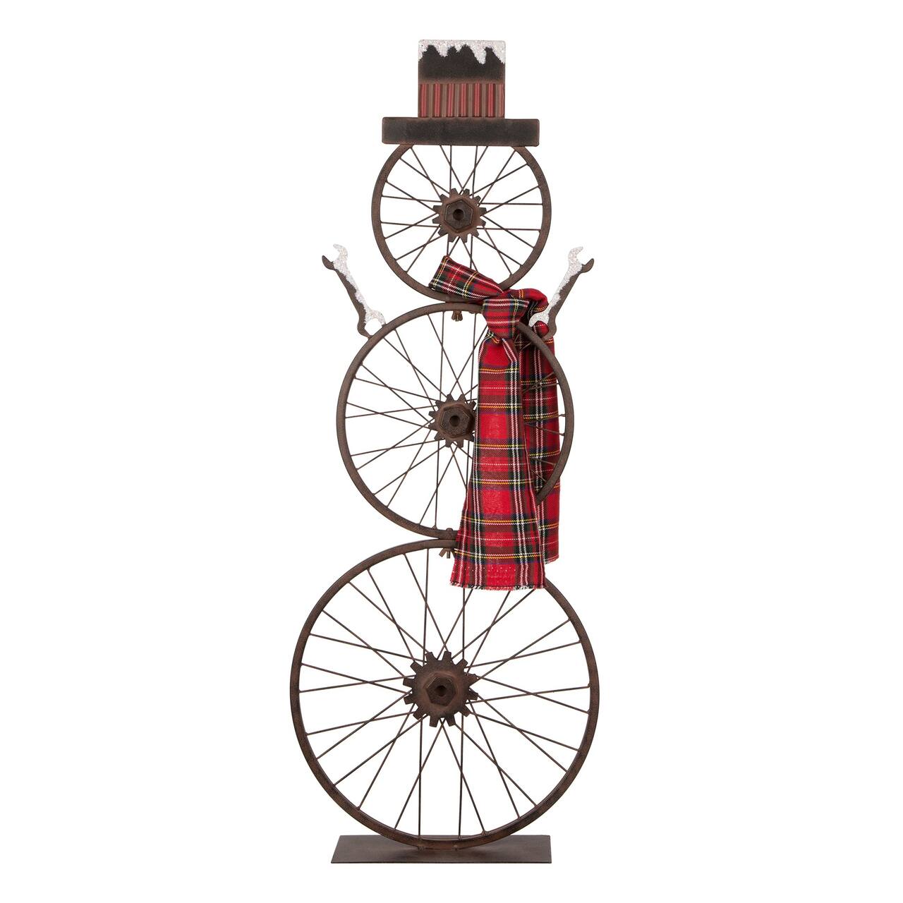 Glitzhome® 34" Metal Bike Wheel Snowman with Plaid Scarf Porch Décor